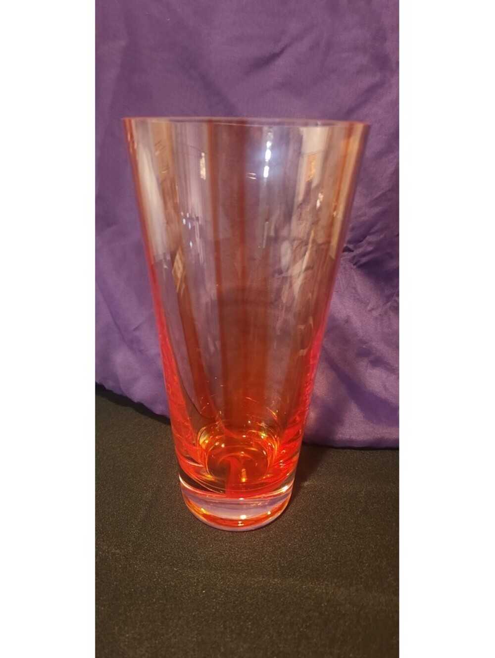 Vintage MCM 10" Amberina Art Glass Cone Vase Smooth Tangerine Orange Red Flame